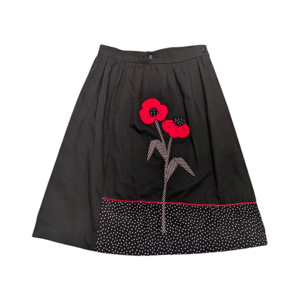 Vintage Catherine Carr Black Wrap Skirt Red Poppy 3D Floral A Line S/M 80s Retro
